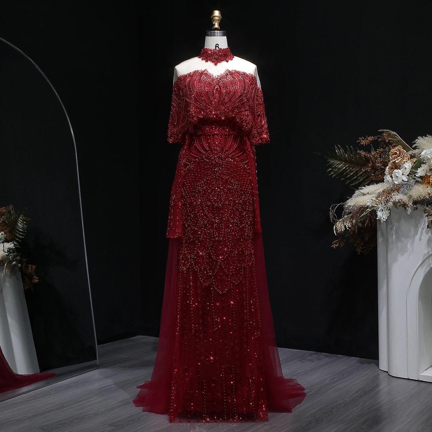 Champagne Gray Dubai Evening Gown with Cape — Long Sleeve Detachable Overskirt — Riviera Couture GCC Luxury Evening Gown