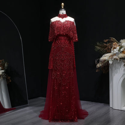Champagne Gray Dubai Evening Gown with Cape — Long Sleeve Detachable Overskirt — Riviera Couture GCC Luxury Evening Gown