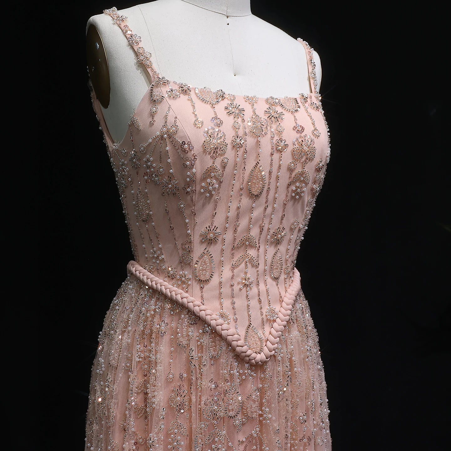 Nude Long Sleeves Sage Green Spaghetti Strap Evening Gown — Arabic Luxury 2026 — Riviera Couture GCC Luxury Evening Gown