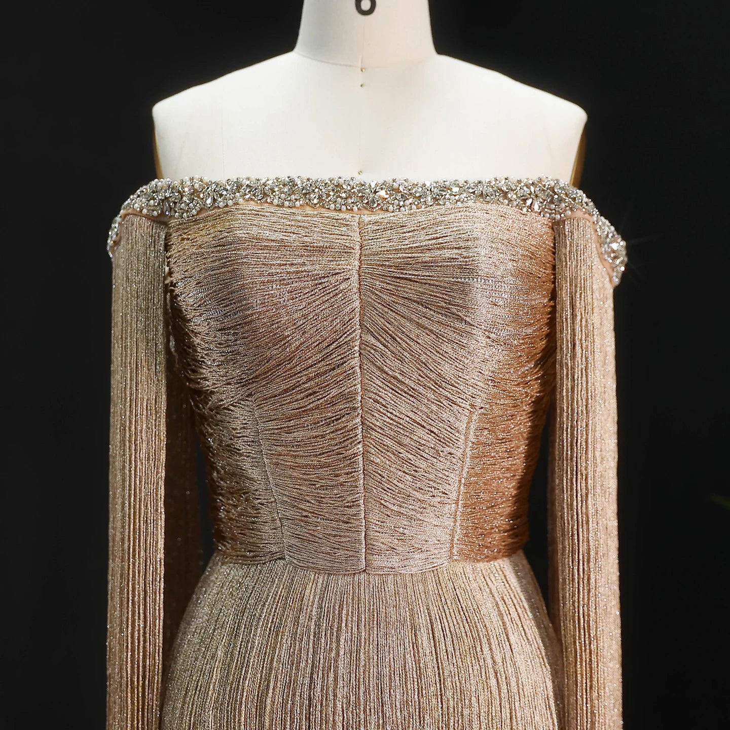 Gold Off-Shoulder Tassel Evening Gown — Luxury GCC Formal — Riviera Couture GCC Luxury Evening Gown