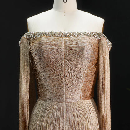 Gold Off-Shoulder Tassel Evening Gown — Luxury GCC Formal — Riviera Couture GCC Luxury Evening Gown