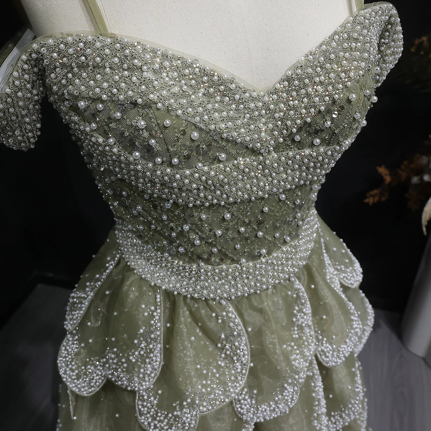 Green Sage Green Off-Shoulder Tiered Ruffle Evening Gown — GCC Formal — Riviera Couture GCC Luxury Evening Gown