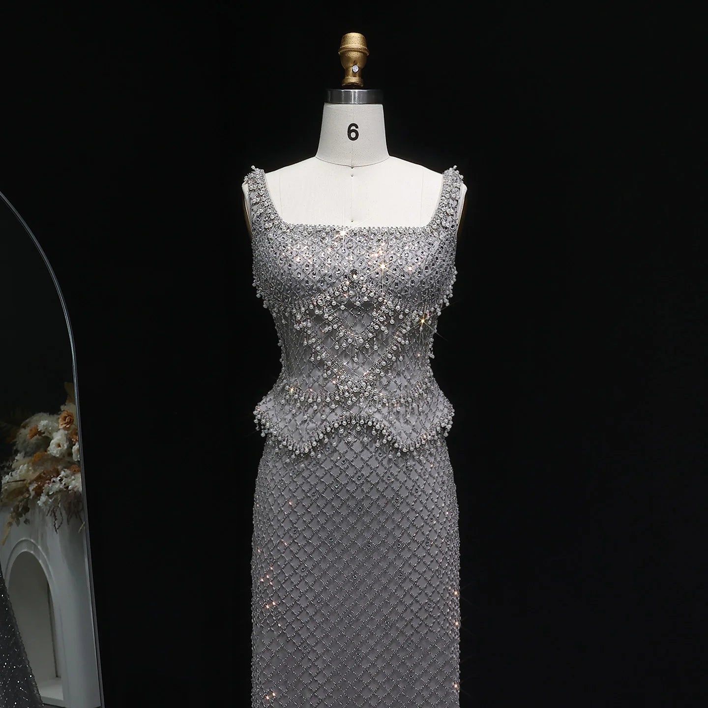 Champagne Gray Straight Evening Gown with Straps — Dubai Arabic Luxury Formal — Riviera Couture GCC Luxury Evening Gown