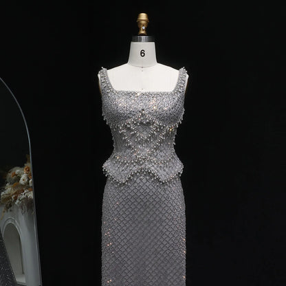 Champagne Gray Straight Evening Gown with Straps — Dubai Arabic Luxury Formal — Riviera Couture GCC Luxury Evening Gown