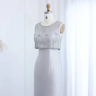 Rhinestones Silver Gray Midi Evening Dress - Riviera Couture