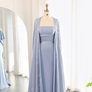 Blue Mermaid Evening Dress with Cape Sleeves - Riviera Couture