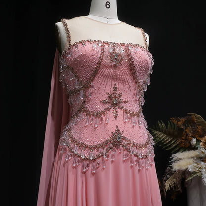Silver Gold Silver Gold Cape Sleeve Evening Gown — Crystal Beaded Blush Pink — Riviera Couture GCC Luxury Evening Gown