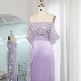 Elegant Off Shoulder Lilac Evening Dress with Overskirt - Riviera Couture