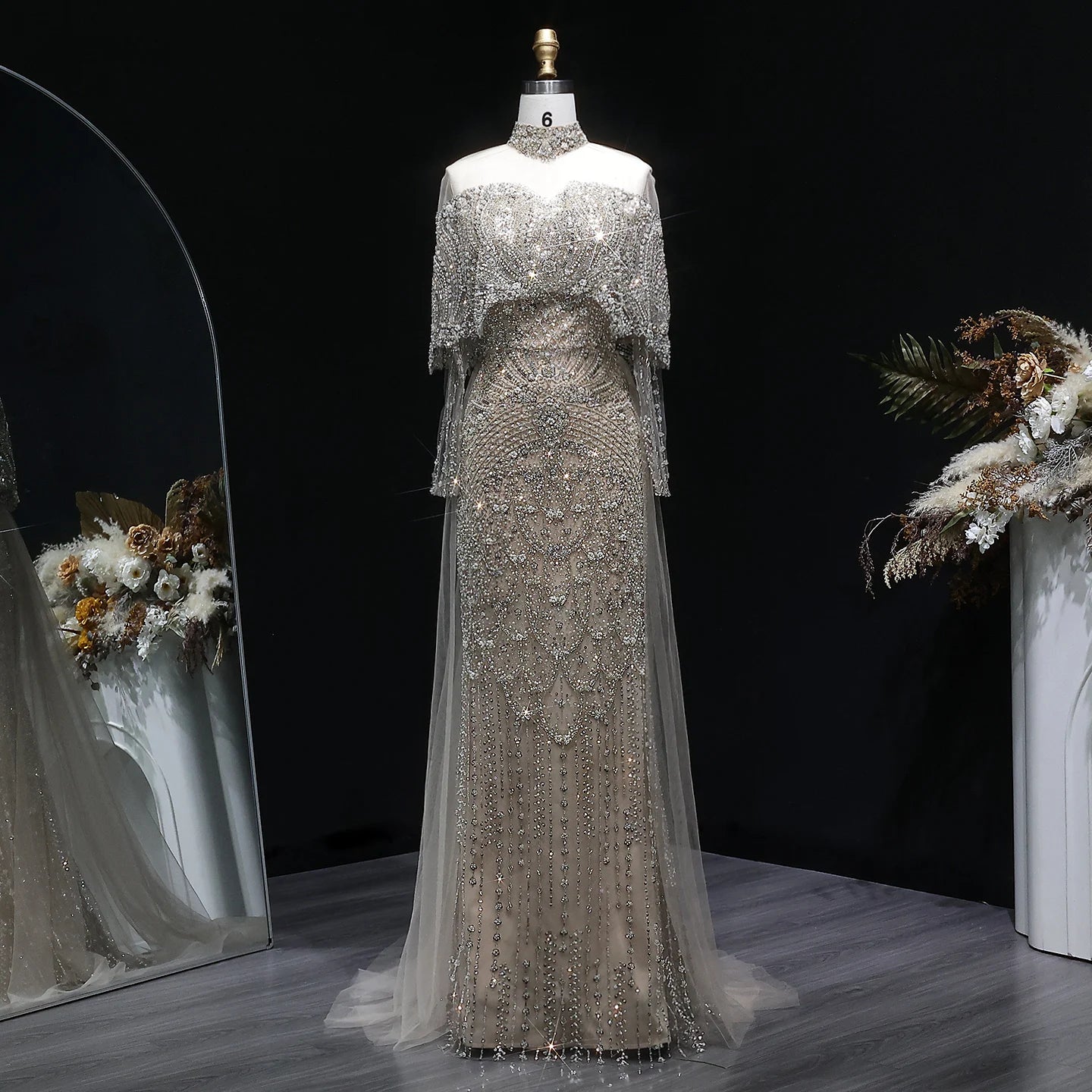 Green Gray Dubai Evening Gown with Cape — Long Sleeve Detachable Overskirt — Riviera Couture GCC Luxury Evening Gown