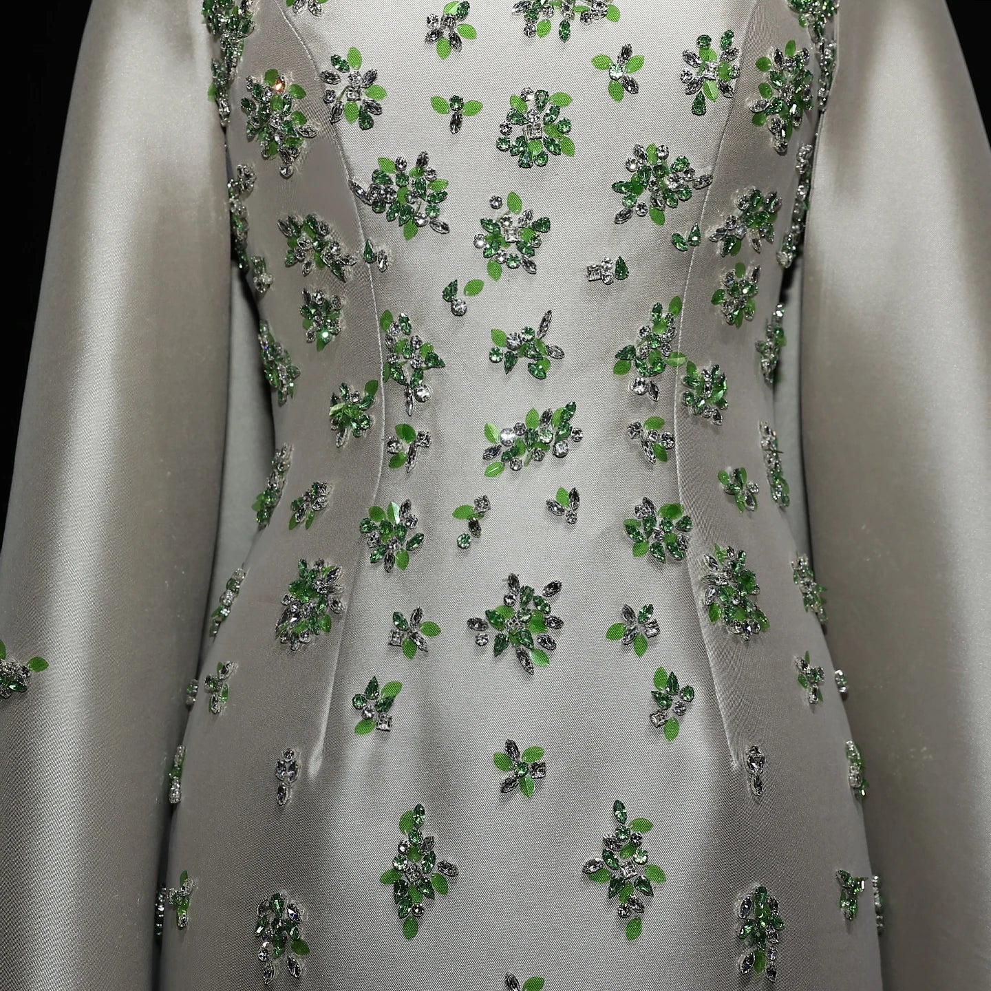 green Sage Green Satin 3D Floral Beaded Evening Gown with Cape — Dubai — Riviera Couture GCC Luxury Evening Gown
