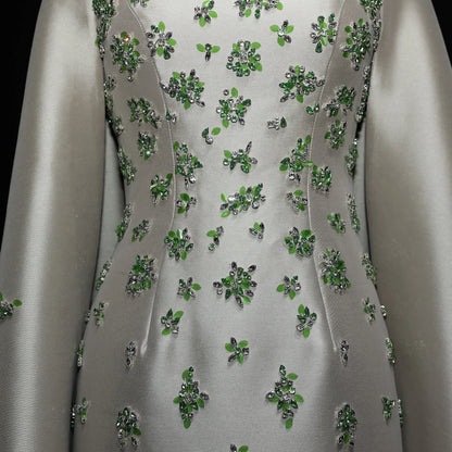 green Sage Green Satin 3D Floral Beaded Evening Gown with Cape — Dubai — Riviera Couture GCC Luxury Evening Gown