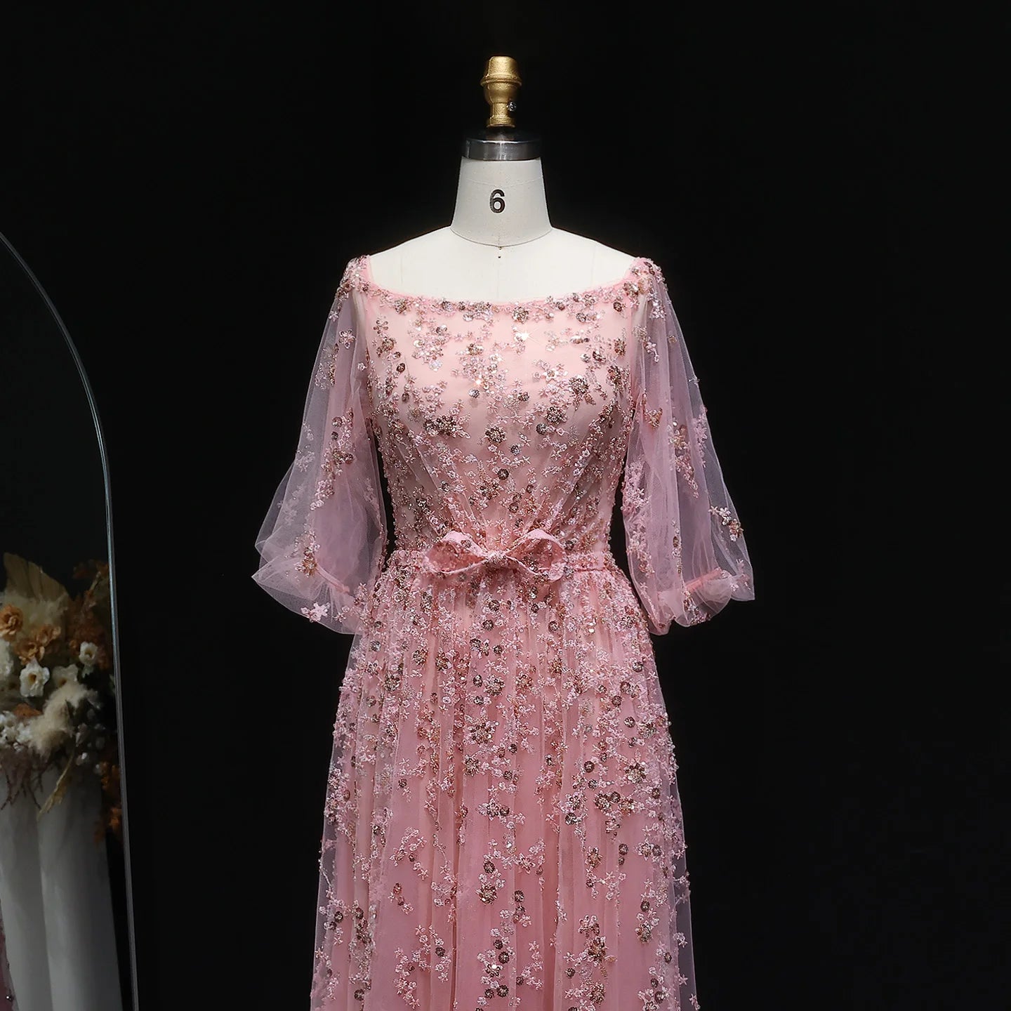 Pink Pink Long Sleeve Evening Gown with Bow — Luxury Beaded Arabic GCC — Riviera Couture GCC Luxury Evening Gown