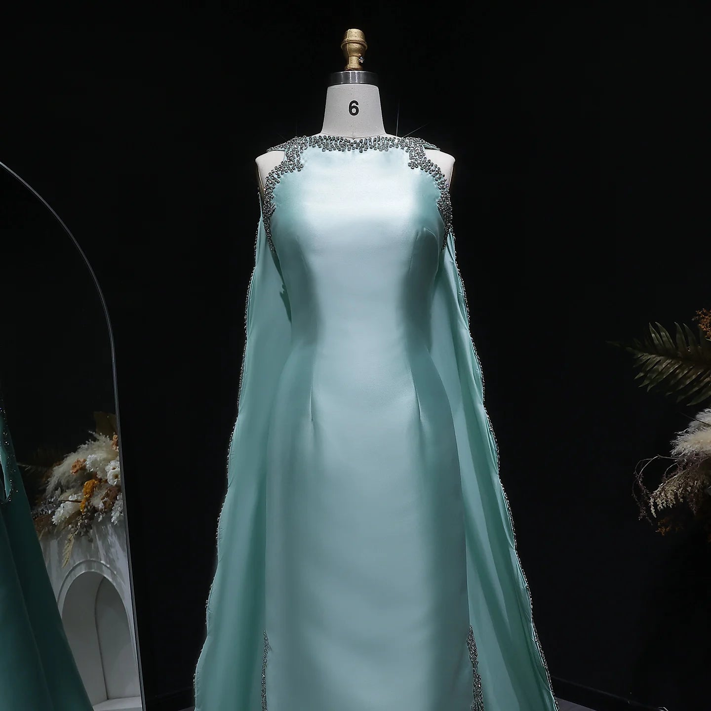 Mint Green Mint Green Arabic Mermaid Evening Gown with Cape and Side Slit — Riviera Couture GCC Luxury Evening Gown
