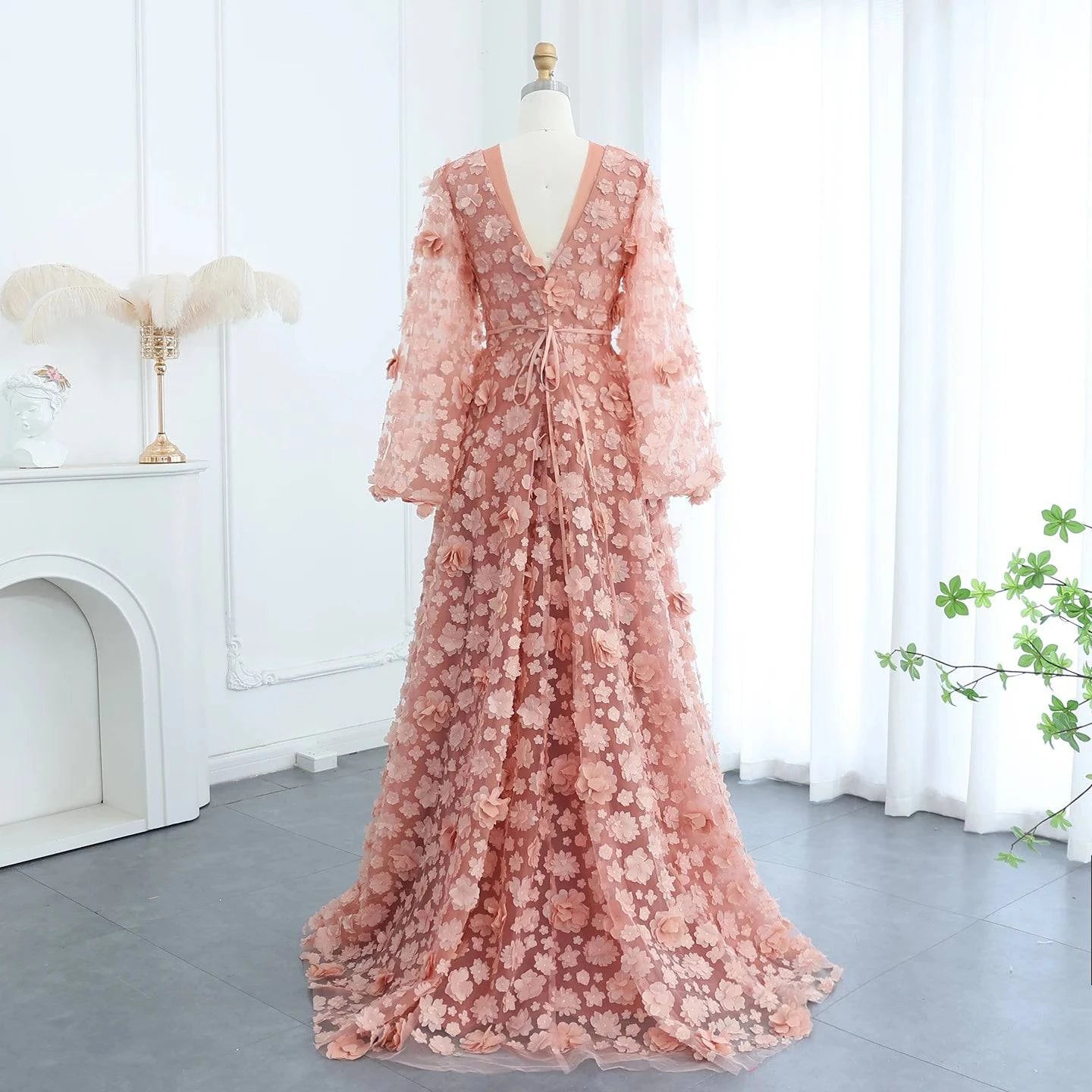 Blush Peach-Pink 3D Flowers Evening Dresses with Sleeves - Riviera Couture