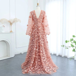 Blush Peach-Pink 3D Flowers Evening Dresses with Sleeves - Riviera Couture