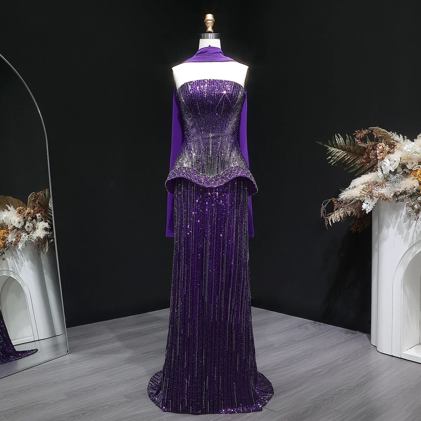 Strapless Sequined Two-Piece Evening Gown with Scarf — GCC Luxury — Riviera Couture GCC Luxury Evening Gown