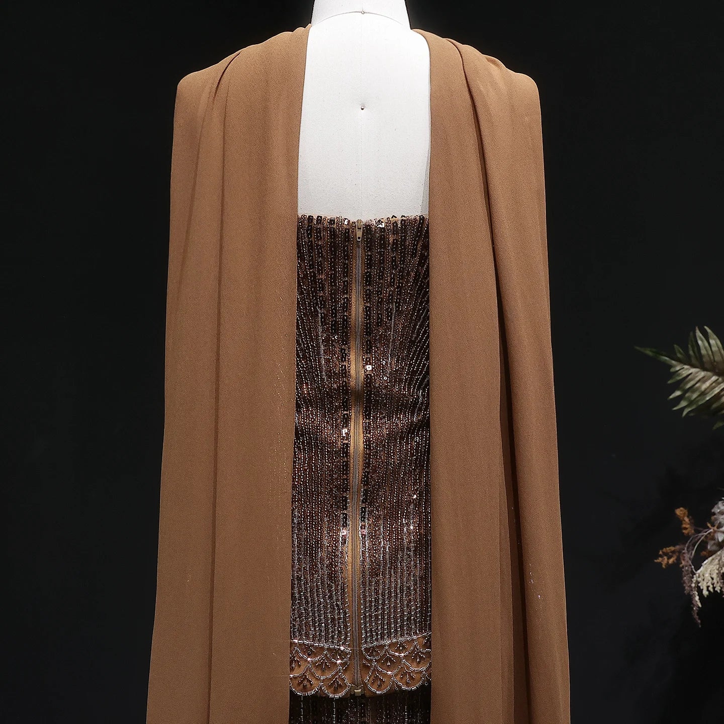 Brown Strapless Sequined Two-Piece Evening Gown with Scarf — GCC Luxury — Riviera Couture GCC Luxury Evening Gown