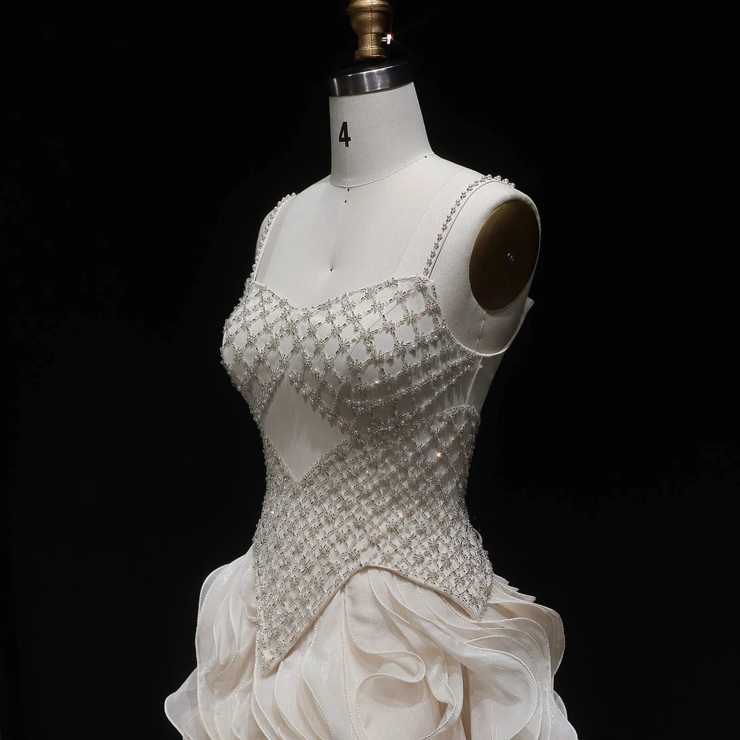 Beige Tiered Ruffle Evening Gown — Beaded Pearl GCC Luxury Formal — Riviera Couture GCC Luxury Evening Gown
