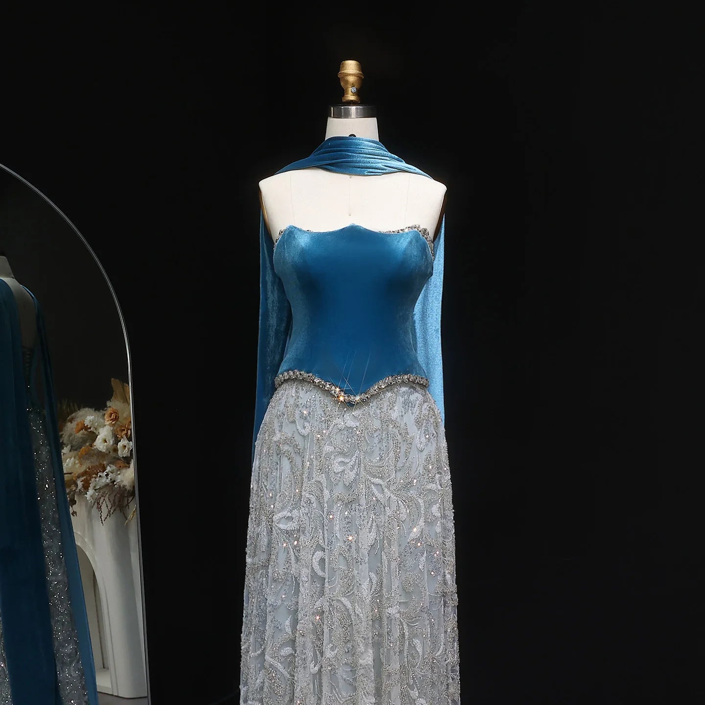 Blue Blue Velvet Two-Piece Evening Gown with Scarf — Arabic Luxury — Riviera Couture GCC Luxury Evening Gown