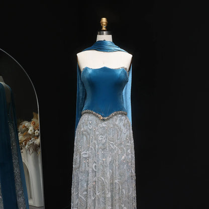 Blue Blue Velvet Two-Piece Evening Gown with Scarf — Arabic Luxury — Riviera Couture GCC Luxury Evening Gown