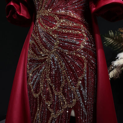 Green Off-Shoulder Cape Ruffle Evening Gown — Beaded Luxury GCC Formal — Riviera Couture GCC Luxury Evening Gown