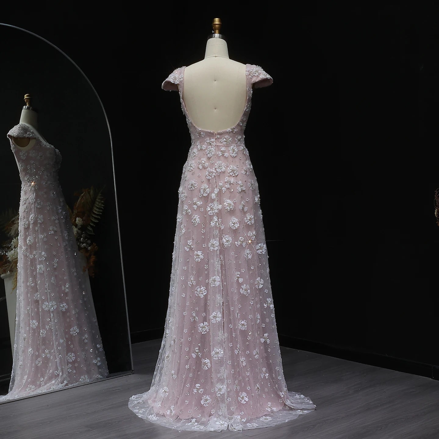 Pink Pink Floral A-Line Evening Gown — Square Neck Beaded Flowers GCC — Riviera Couture GCC Luxury Evening Gown