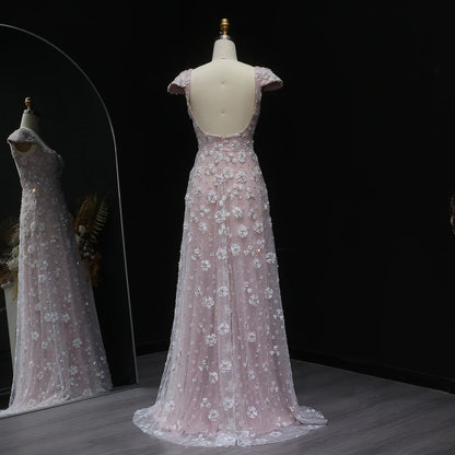 Pink Pink Floral A-Line Evening Gown — Square Neck Beaded Flowers GCC — Riviera Couture GCC Luxury Evening Gown