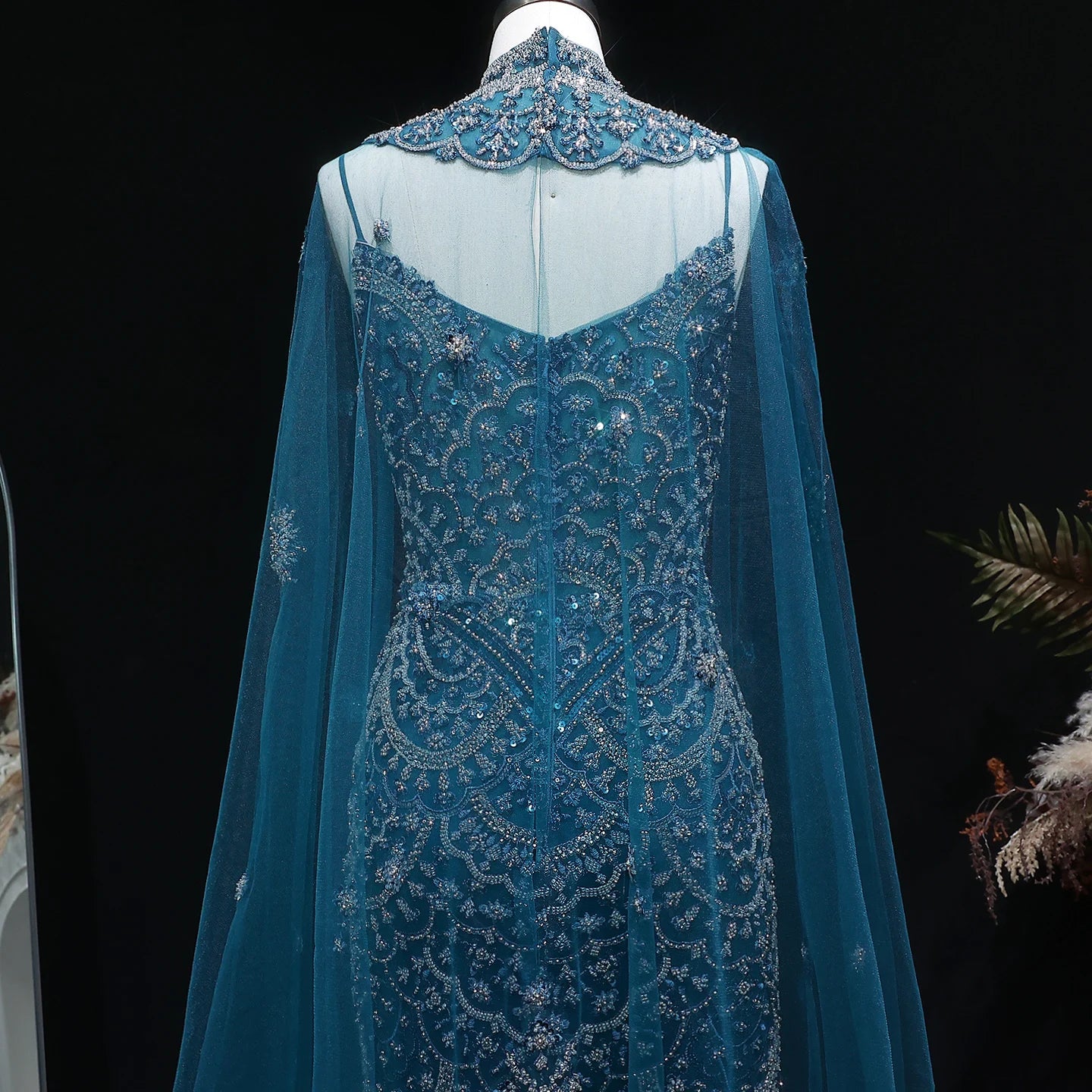Teal Plus Size Beaded Mermaid Evening Gown with Cape — GCC Luxury Formal — Riviera Couture GCC Luxury Evening Gown