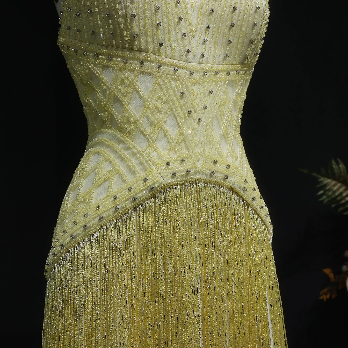 Yellow Yellow Mermaid Evening Gown — Beaded Tassel Halter V-Neck GCC — Riviera Couture GCC Luxury Evening Gown