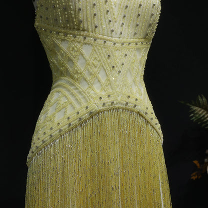 Yellow Yellow Mermaid Evening Gown — Beaded Tassel Halter V-Neck GCC — Riviera Couture GCC Luxury Evening Gown