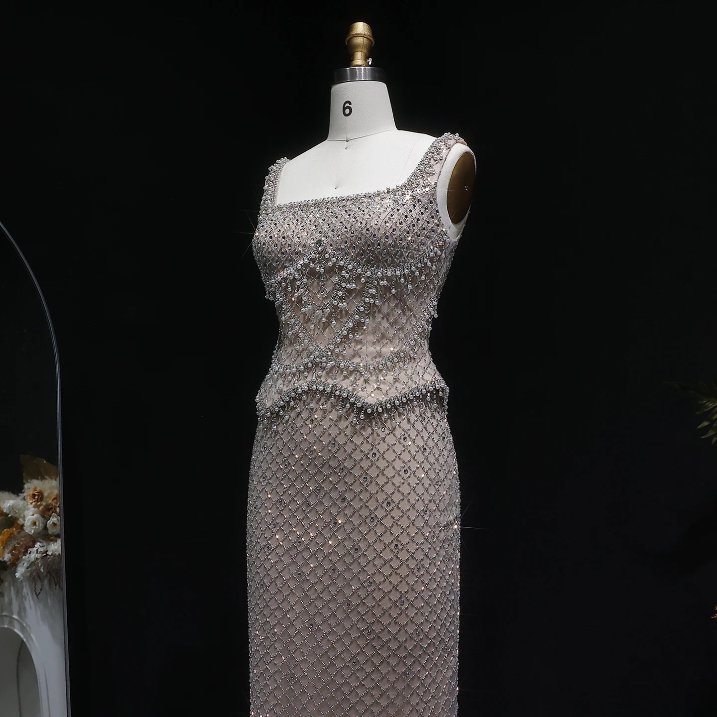 Champagne Gray Straight Evening Gown with Straps — Dubai Arabic Luxury Formal — Riviera Couture GCC Luxury Evening Gown