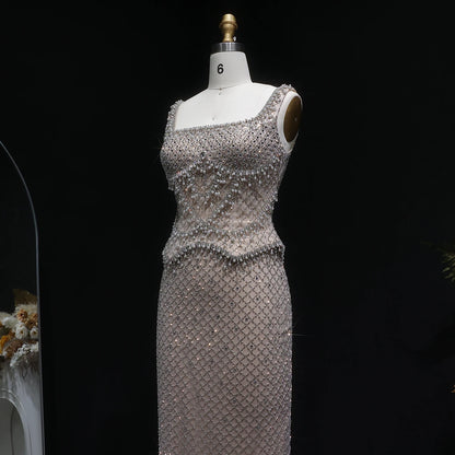 Champagne Gray Straight Evening Gown with Straps — Dubai Arabic Luxury Formal — Riviera Couture GCC Luxury Evening Gown