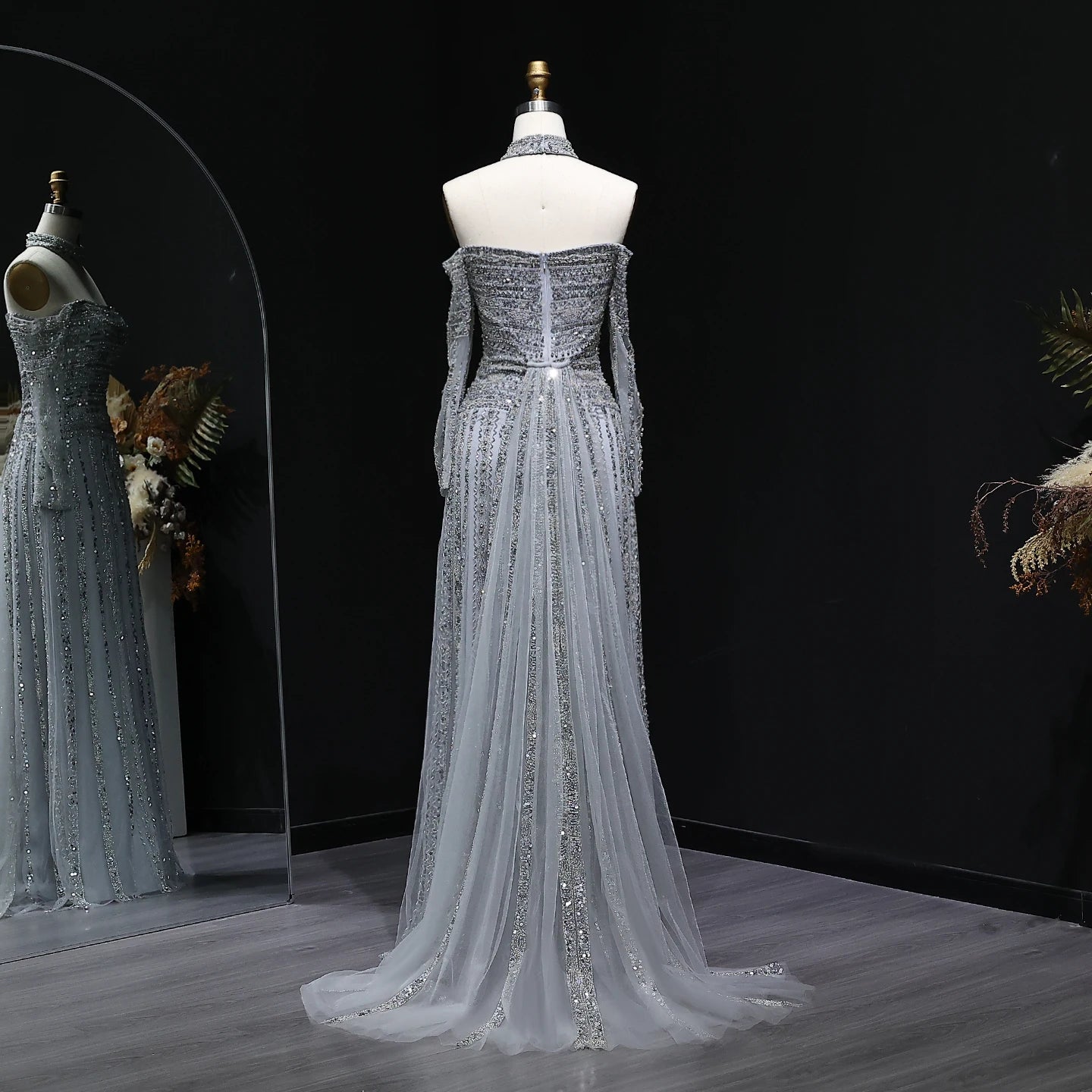 GRAY Pink Off-Shoulder Evening Gown with Choker — Heavy Beaded Long Sleeve — Riviera Couture GCC Luxury Evening Gown