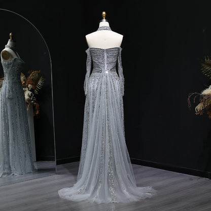 GRAY Pink Off-Shoulder Evening Gown with Choker — Heavy Beaded Long Sleeve — Riviera Couture GCC Luxury Evening Gown