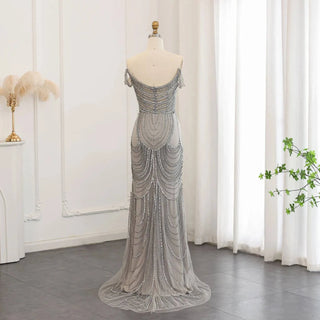 Luxury Crystal Silver Gray Mermaid  Evening Dress - Riviera Couture