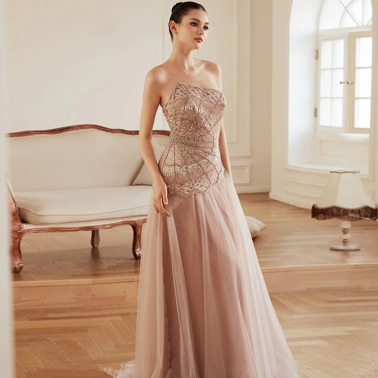 Pink Pink Strapless A-Line Evening Gown — Luxury Beaded Arabic GCC — Riviera Couture GCC Luxury Evening Gown