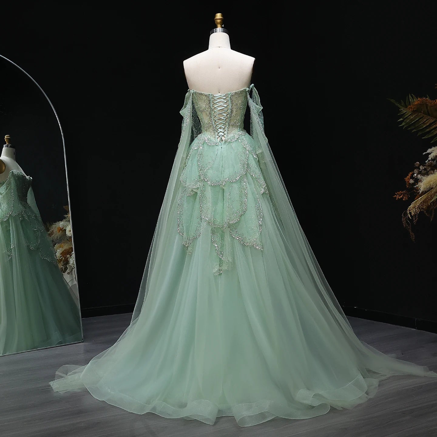 Sage Green Sage Green Sweetheart Evening Gown with Cape Sleeves — GCC Formal — Riviera Couture GCC Luxury Evening Gown