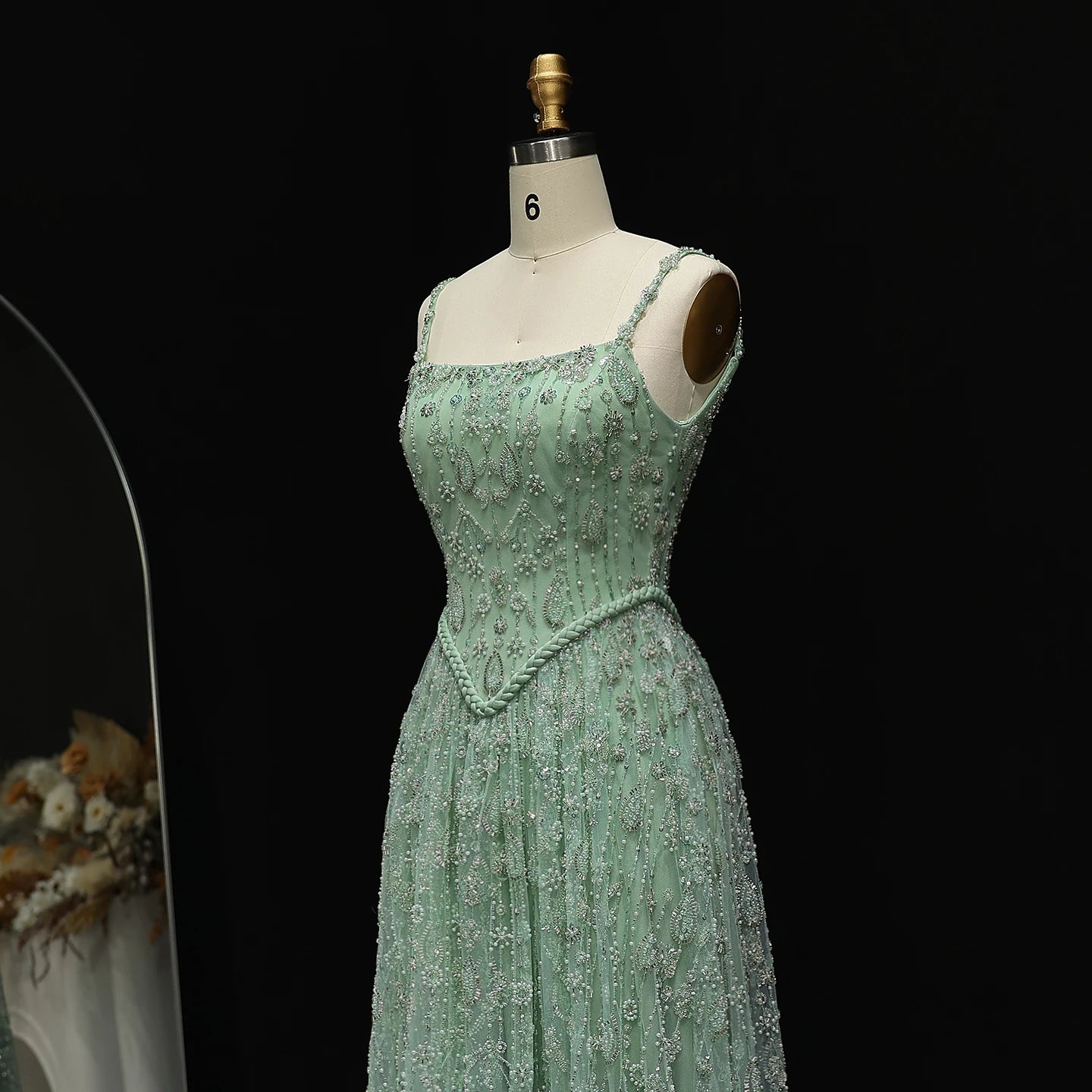 Burgundy Sage Green Spaghetti Strap Evening Gown — Arabic Luxury 2026 — Riviera Couture GCC Luxury Evening Gown