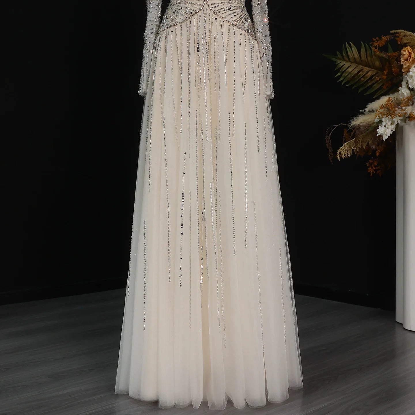 Beige Off Shoulder Long Sleeves Beaded Gown luxury evening dress by Riviera Couture