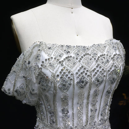 WHITE Burgundy Mermaid Evening Gown with Cap Sleeve — Dubai Arabic Luxury — Riviera Couture GCC Luxury Evening Gown