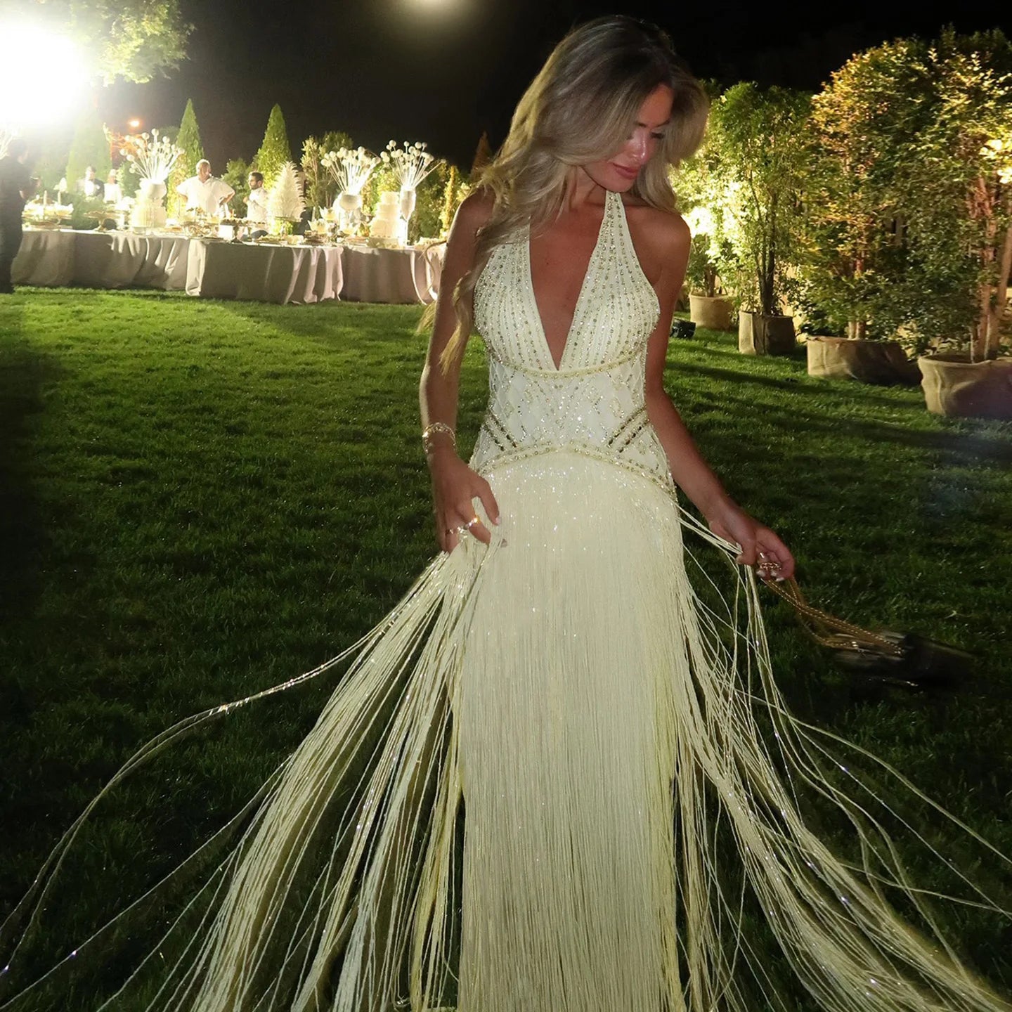 Yellow Yellow Mermaid Evening Gown — Beaded Tassel Halter V-Neck GCC — Riviera Couture GCC Luxury Evening Gown