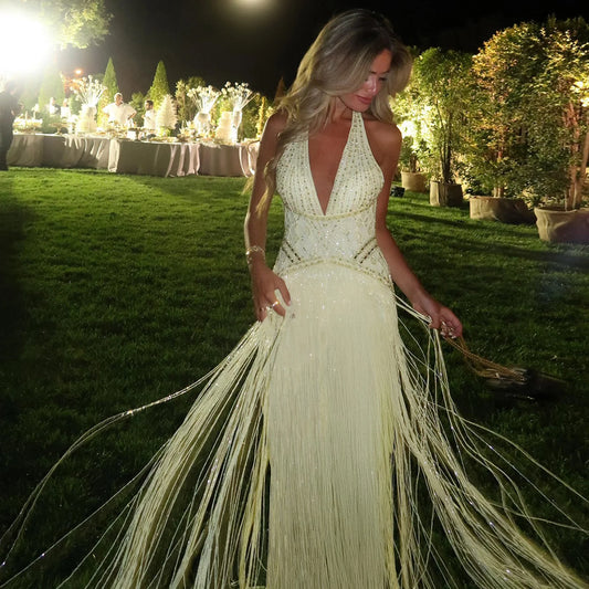 Yellow Yellow Mermaid Evening Gown — Beaded Tassel Halter V-Neck GCC — Riviera Couture GCC Luxury Evening Gown
