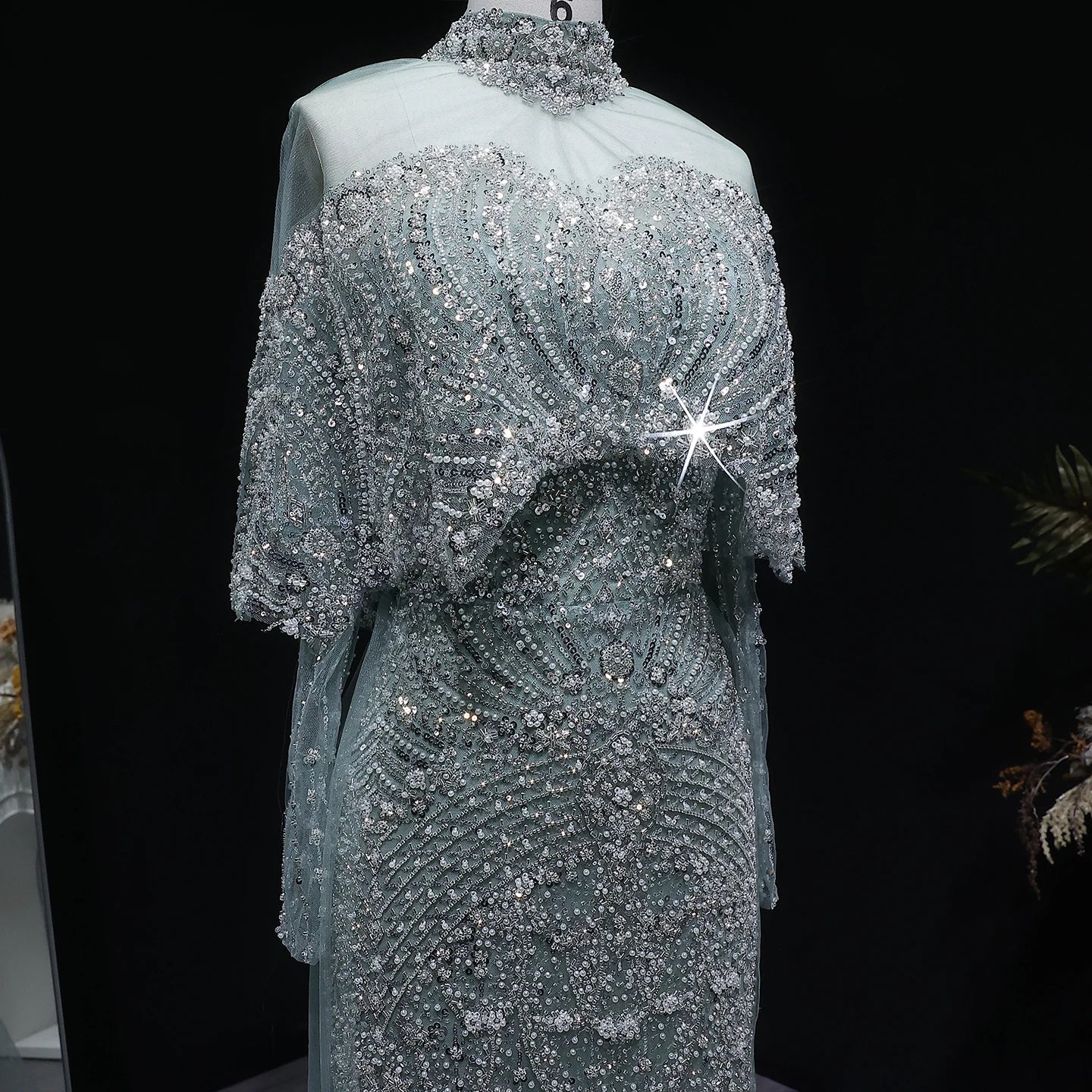 Champagne Gray Dubai Evening Gown with Cape — Long Sleeve Detachable Overskirt — Riviera Couture GCC Luxury Evening Gown