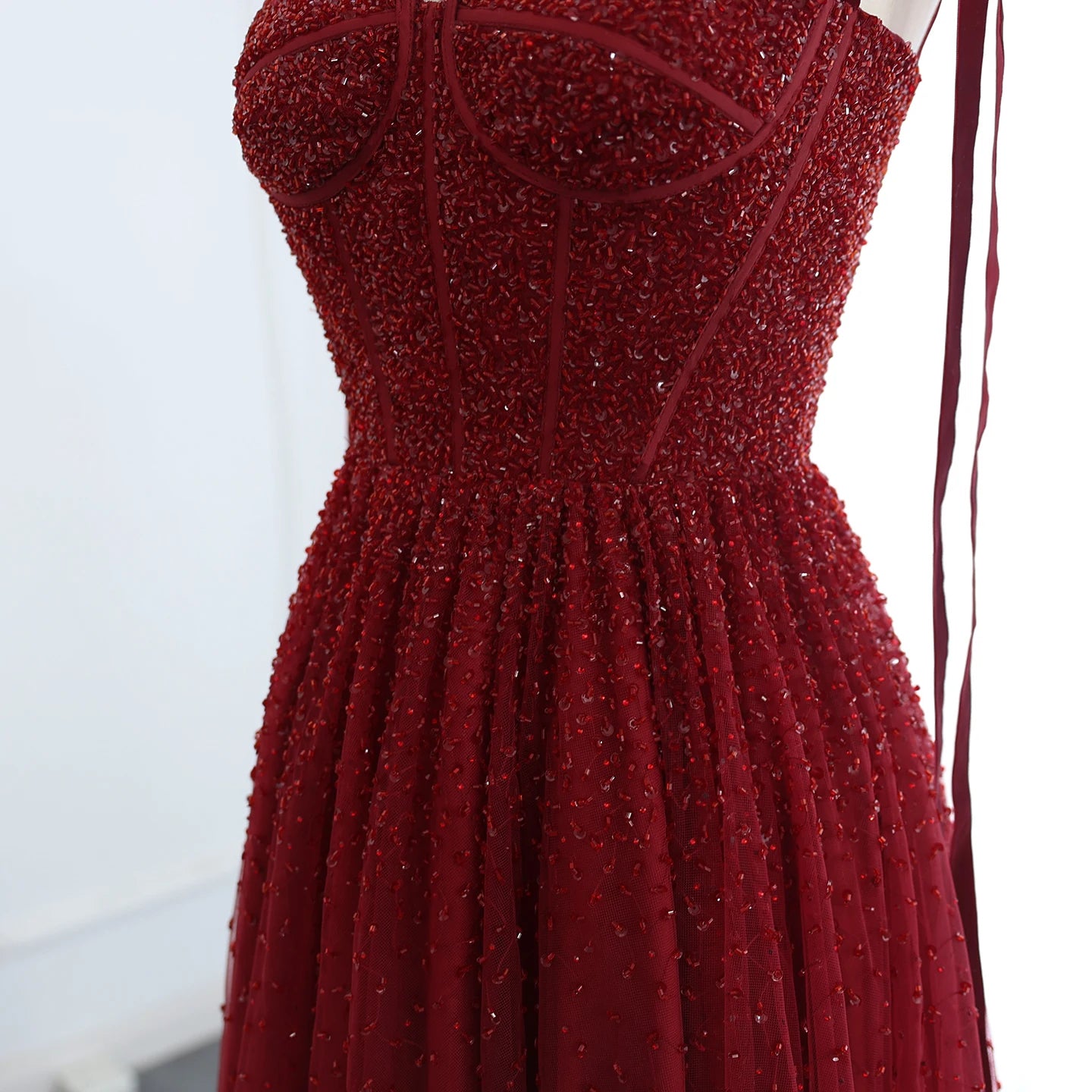 Burgundy Wine Red and Blush Pink Beaded Evening Gown with Straps — Dubai — Riviera Couture GCC Luxury Evening Gown