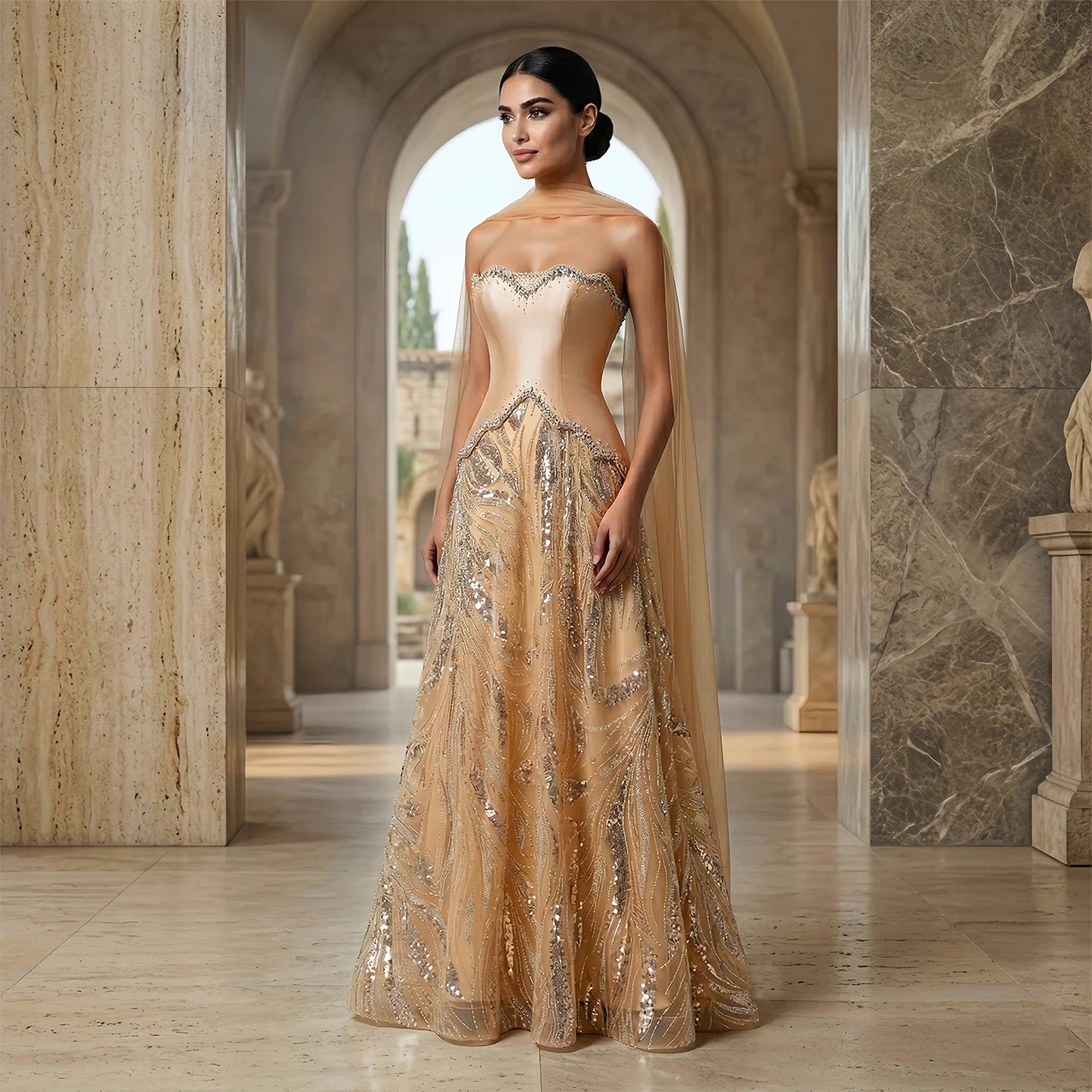 Champagne Beaded Sequined Evening Gown with Scarf — Luxury GCC Formal — Riviera Couture GCC Luxury Evening Gown