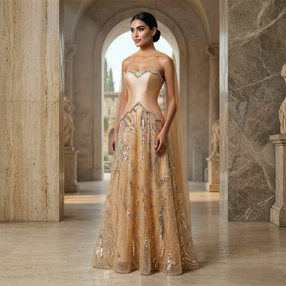 Champagne Beaded Sequined Evening Gown with Scarf — Luxury GCC Formal — Riviera Couture GCC Luxury Evening Gown