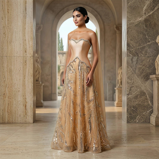 Champagne Beaded Sequined Evening Gown with Scarf — Luxury GCC Formal — Riviera Couture GCC Luxury Evening Gown