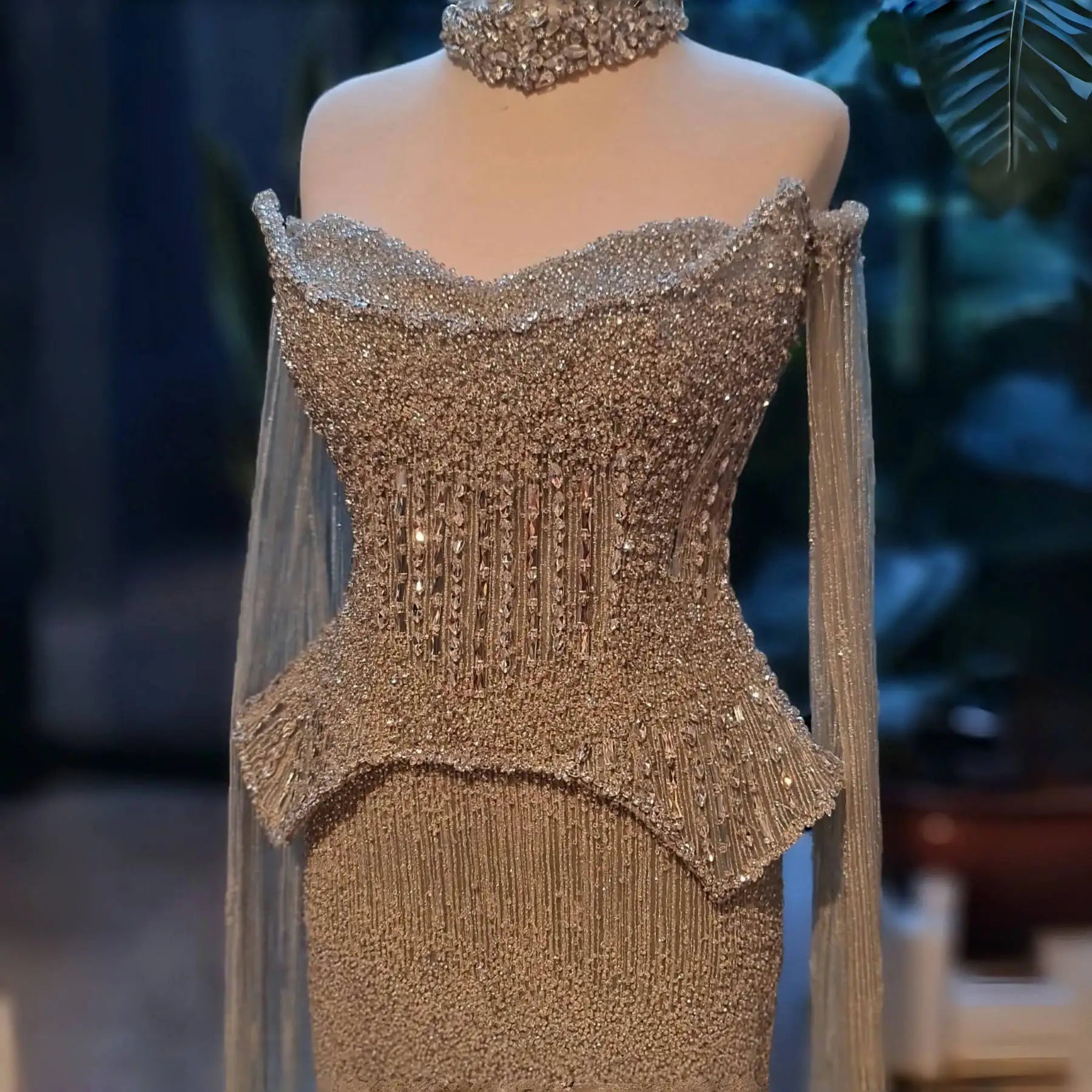 Silver Grey Crystal Off-Shoulder Evening Gown with Cape Sleeves — 2026 — Riviera Couture GCC Luxury Evening Gown