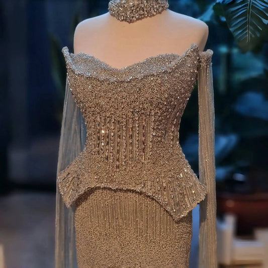 Silver Grey Crystal Off-Shoulder Evening Gown with Cape Sleeves — 2026 — Riviera Couture GCC Luxury Evening Gown