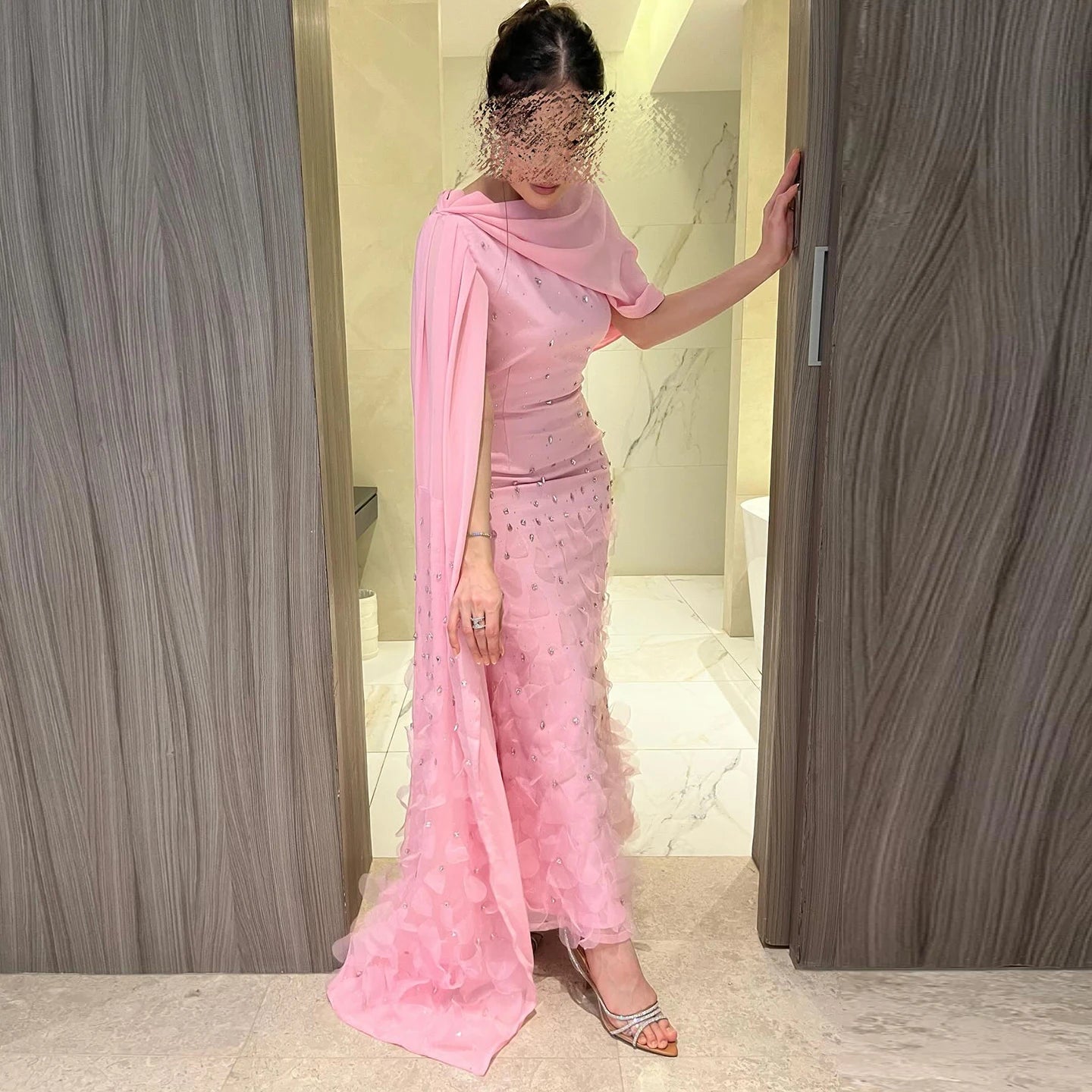 Pink Modest One-Shoulder Mermaid Evening Gown — 3D Leaves Crystal Cape — Riviera Couture GCC Luxury Evening Gown